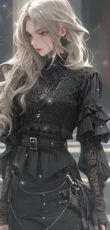 Gothic anime character with black attire and blonde hair in a mystical setting.