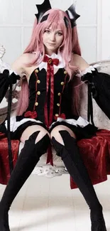 Gothic cosplay character sitting elegantly with intricate costume design.