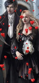 Elegant gothic couple in stylish attire against an ornate background.