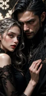 Gothic couple in elegant dark attire with a mysterious background.