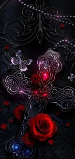 Gothic wallpaper featuring roses and a cross with intricate designs.