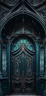 Ornate Gothic door with intricate teal patterns