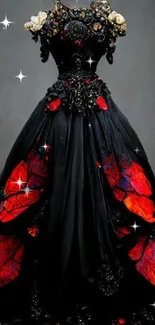 Elegant Gothic dress with red accents against a dark backdrop.