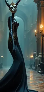 Gothic fantasy character in ornate hallway with candles.