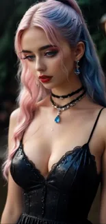 Woman with pastel hair in gothic attire.