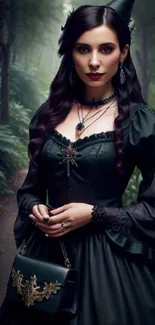 Gothic woman in dark dress in forest