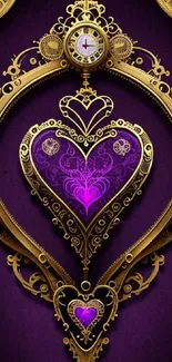 Gothic heart with golden frame on purple background.