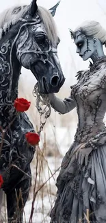 Gothic lady with horse and red roses in an ethereal scene.