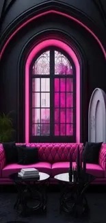 Gothic-themed interior with pink accents.