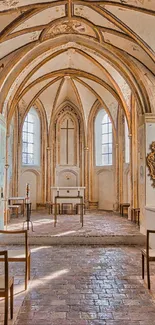 Gothic-style interior with arches and chairs, elegant and historic design.