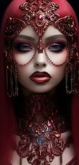 Intricate gothic lady with red adornments in an elegant mobile wallpaper.