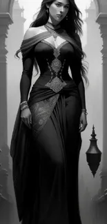 Gothic lady in intricate dress, black and white wallpaper.