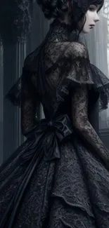 Elegant gothic lady in dark lace dress, exuding a vintage, moody aesthetic.