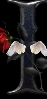 Gothic letter 'I' with a red rose and angel wings on a black background.