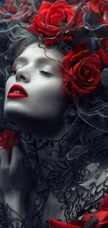 Gothic woman with red roses and lace design in dark hues.