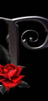 Gothic metallic letter with red rose on dark background.