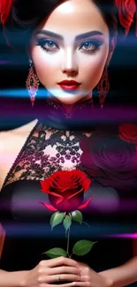 Gothic-themed wallpaper of a woman with red rose and black attire.