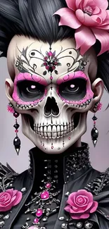 Gothic skull with pink floral designs and dark details.