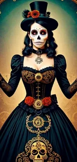 Gothic steampunk lady in gold accented dress.