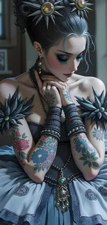 Gothic portrait of a tattooed woman in elegant attire.