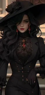 Elegant gothic woman with black attire and hat.