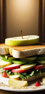 Gourmet sandwich art with apple slices and lettuce.