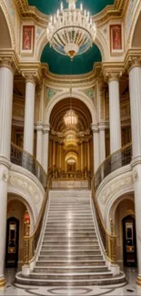 Elegant grand staircase with chandelier in a luxurious setting.