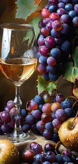 Mobile wallpaper with a glass of wine and colorful grapes.