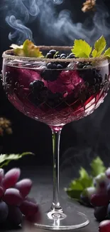 Elegant wine glass with grapes and smoke effect.