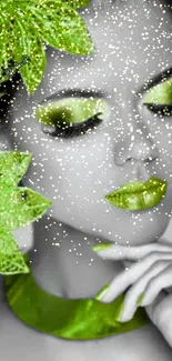 Artistic monochrome portrait with vivid green accents.