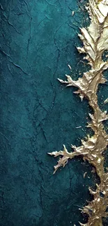 Elegant gold leaf on teal textured background, mobile wallpaper.