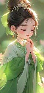 Serene anime character in green dress amidst lotus flowers.