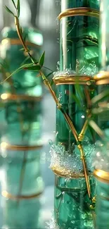 Close-up of green bamboo with gold accents, creating a serene feel.
