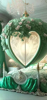 Elegant green bedroom fantasy art with ornate heart lighting.