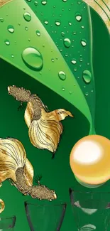 Golden fish with green background and droplets wallpaper