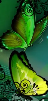 Green butterflies with black floral accents on a mobile wallpaper.