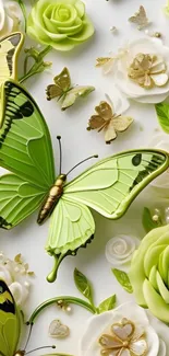 Green butterflies and flowers art wallpaper.
