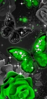 Green butterflies with grayscale roses mobile wallpaper.