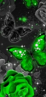 Neon green butterflies with black roses.