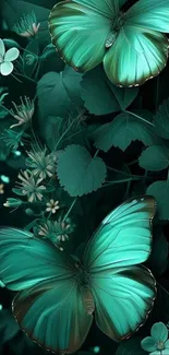 Green butterflies and flowers in lush foliage.