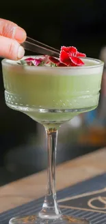 Green cocktail in glass with red flower garnish