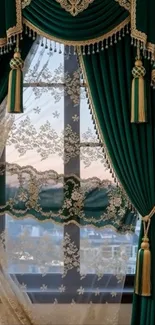 Elegant green curtains with intricate embroidery design.