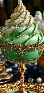 Luxurious green dessert with ornate gold cup.