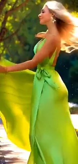 A woman in a flowing green dress enjoying the sun in a garden.