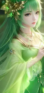 Fantasy maiden in green dress with golden accessories, glowing softly.