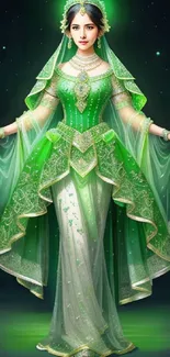 Fantasy princess in elegant green attire with intricate details.