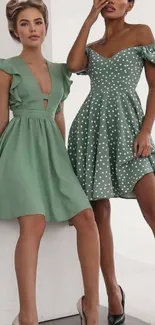 Two women in elegant green dresses, stylish mobile wallpaper.