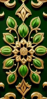 Elegant green and gold floral wallpaper with intricate design.