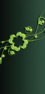 Elegant green floral wallpaper with leaf patterns and a dark green background.