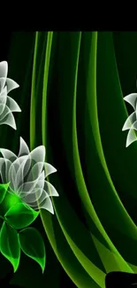 Elegant green wallpaper with glowing white flowers and abstract leaves.